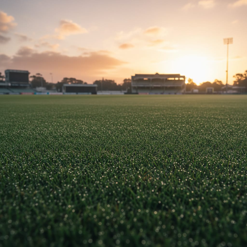 Empty sports ground at sunset — a quiet field, no wagering